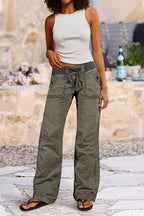 Solid Seam Detail Drawstring Mid Rise Straight Leg Pants