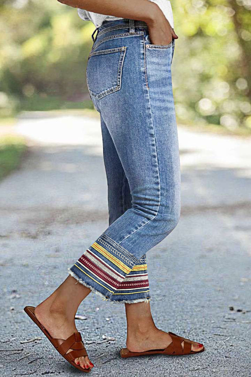 Raw Hem Embroidery Mid Waist Straight Leg Crop Jeans