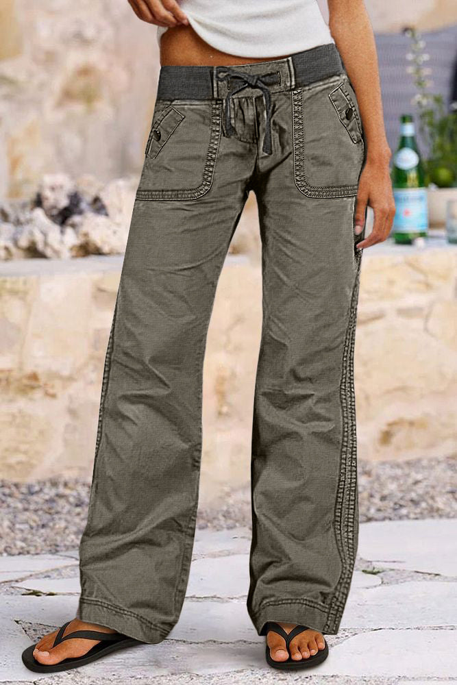 Solid Seam Detail Drawstring Mid Rise Straight Leg Pants