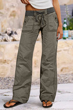 Solid Seam Detail Drawstring Mid Rise Straight Leg Pants