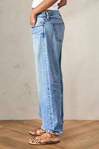 Wash Stretchy Mid Waist Straight Leg Jeans