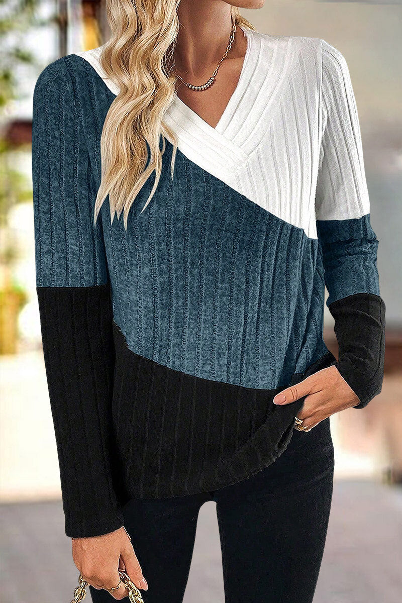 Colorblock Rib Knit Asymmetrical V Neck Long Sleeve T-Shirt