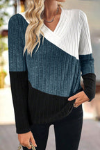 Colorblock Rib Knit Asymmetrical V Neck Long Sleeve T-Shirt