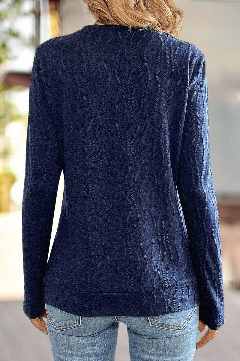 Textured Button Side Round Neck Long Sleeve T-Shirt