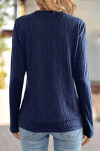 Textured Button Side Round Neck Long Sleeve T-Shirt