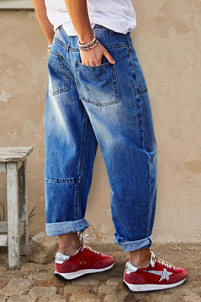 Roll Hem Stitch Detail Patch Pocket High Waist Barrel Leg Crop Jeans