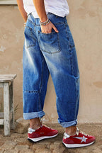 Roll Hem Stitch Detail Patch Pocket High Waist Barrel Leg Crop Jeans