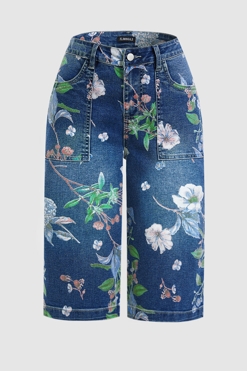 Allover Floral Print Patch Pocket High Rise Straight Leg Capri Jeans