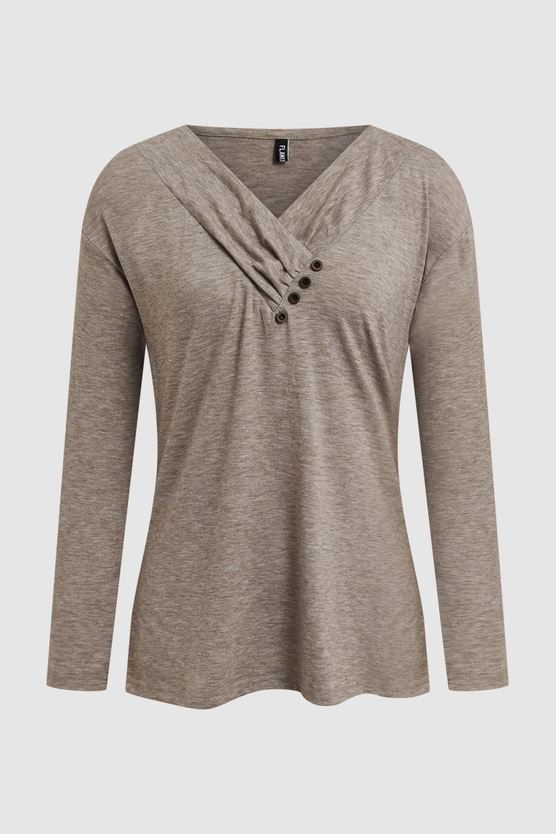 Asymmetrical Button Decor V Neck Long Sleeve T-Shirt