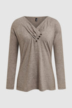 Asymmetrical Button Decor V Neck Long Sleeve T-Shirt