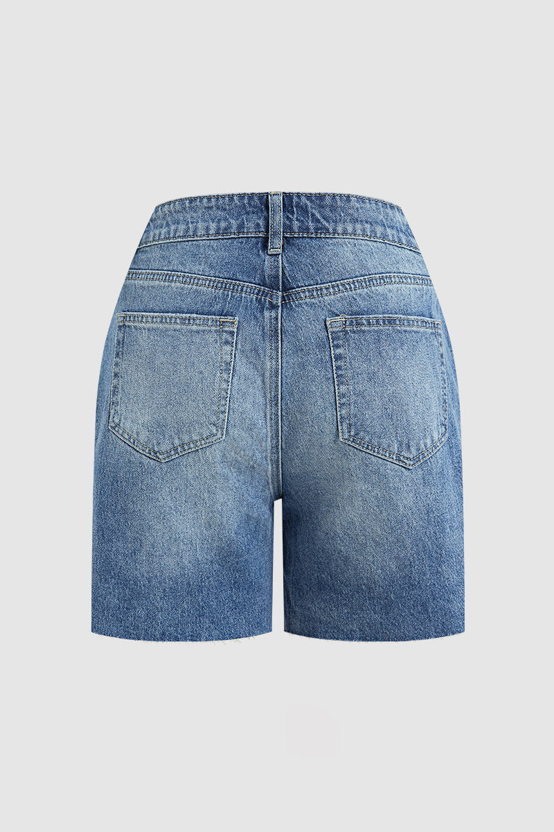 Split Raw Hem Mid Waist Denim Mid Thigh Shorts