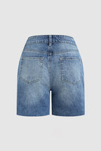 Split Raw Hem Mid Waist Denim Mid Thigh Shorts