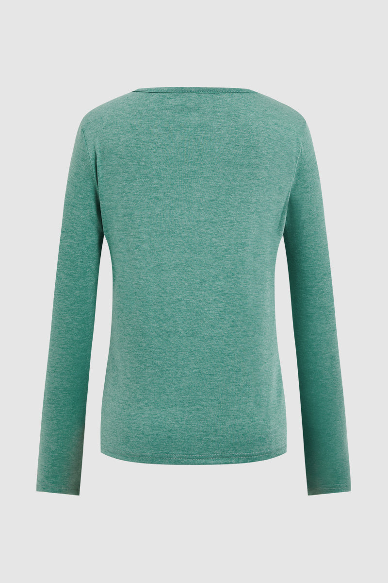 Solid Button Front Round Neck Long Sleeve T-Shirt