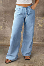 Drawstring Adjustable Mid Waist Straight Leg Jeans