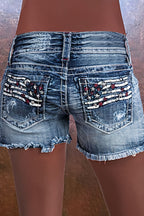 American Flag Patched Button Fly Cut Out Denim Shorts
