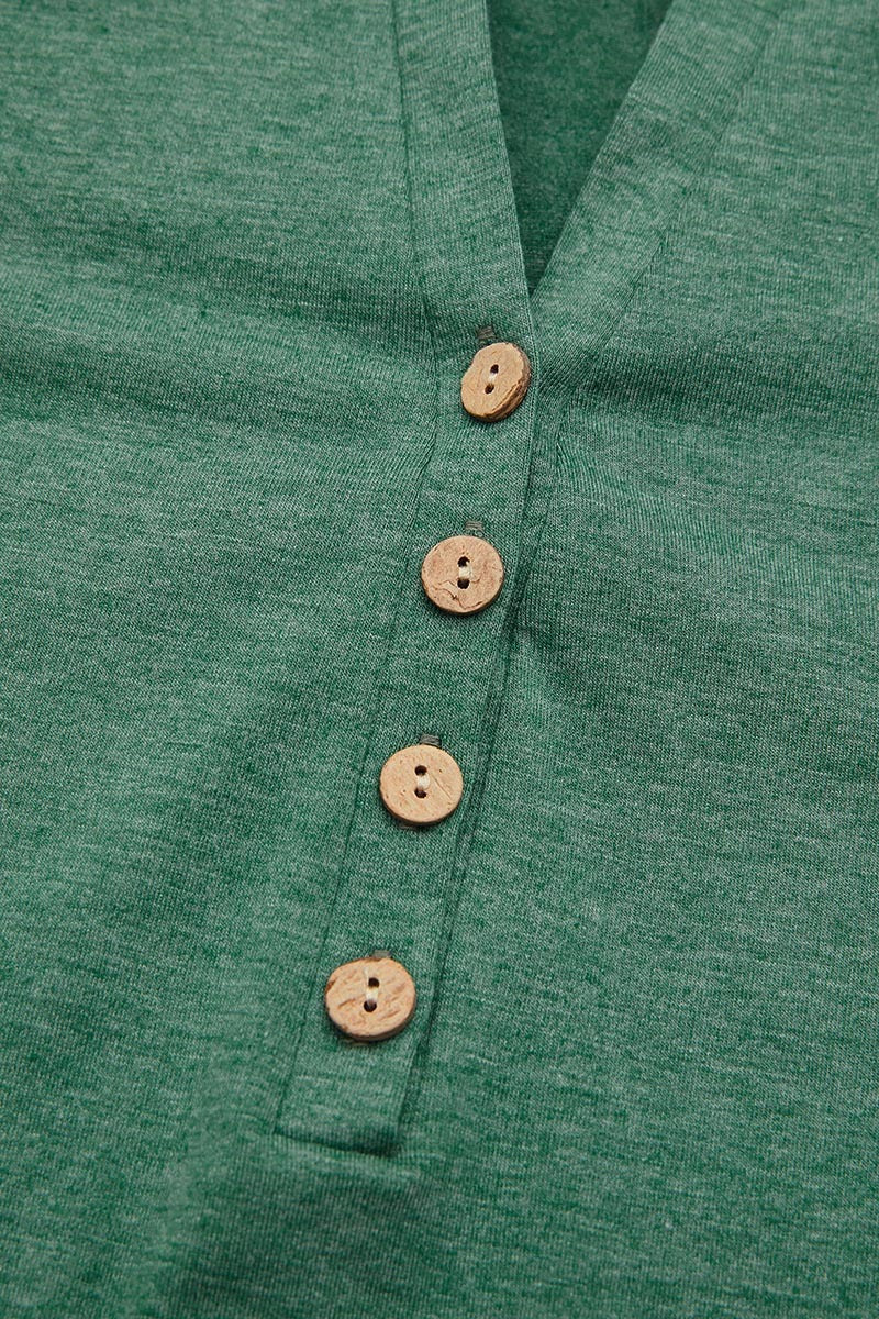 Button Front Scallop Hem Notched Neck Long Sleeve T-Shirt