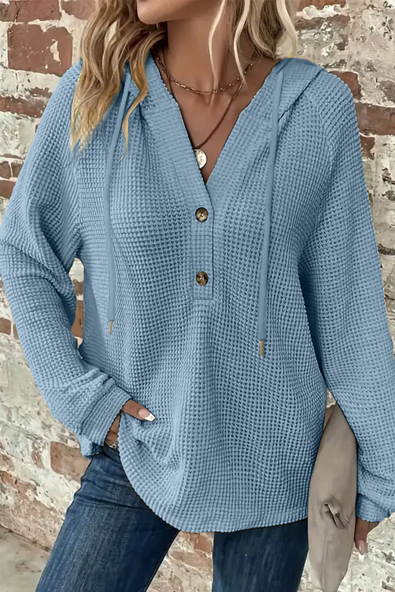 Waffle Knit Half Button Placket Drawstring Hooded Long Sleeve T-Shirt