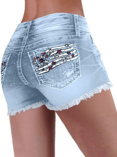American Flag Patched Button Fly Cut Out Denim Shorts