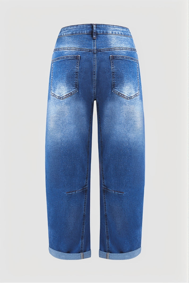 Roll Hem Stitch Detail Patch Pocket High Waist Barrel Leg Crop Jeans