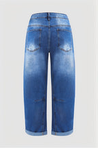 Roll Hem Stitch Detail Patch Pocket High Waist Barrel Leg Crop Jeans