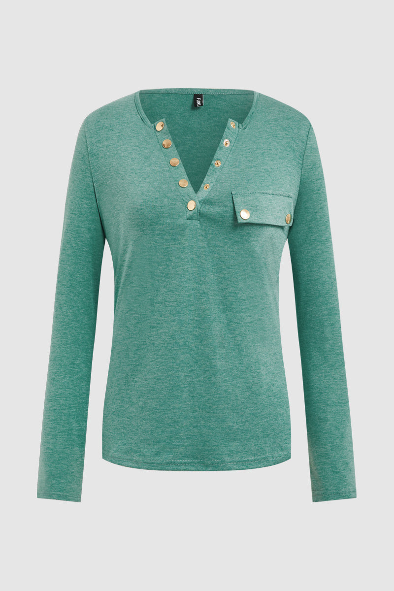 Solid Button Front Round Neck Long Sleeve T-Shirt