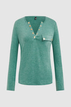 Solid Button Front Round Neck Long Sleeve T-Shirt