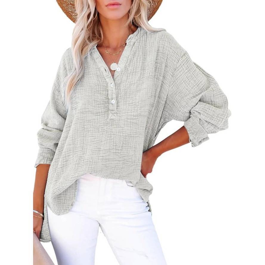 Womens Casual Button V Neck Long Sleeve Shirts Oversized Solid Blouses Tops