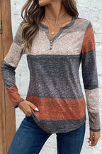 Colorblock Button Decor Notched Neck Long Sleeve T-Shirt