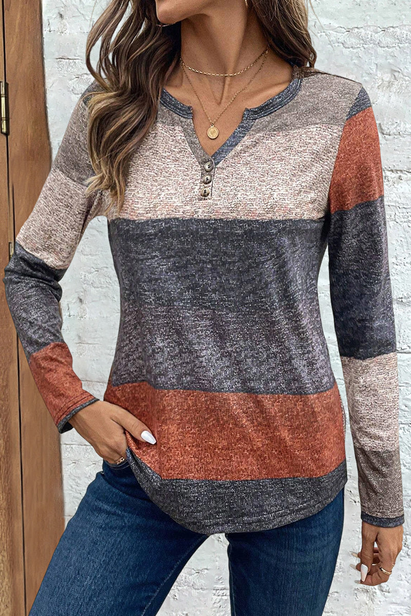 Colorblock Button Decor Notched Neck Long Sleeve T-Shirt