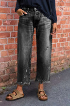 Wash Raw Hem Ripped Mid Rise Crop Barrel Leg Jeans