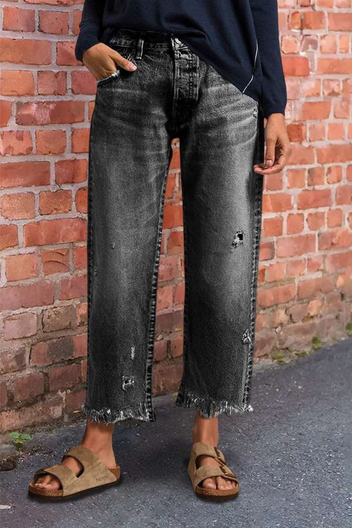 Wash Raw Hem Ripped Mid Rise Crop Barrel Leg Jeans