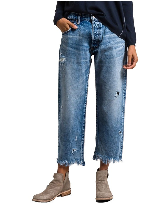 Wash Raw Hem Ripped Mid Rise Crop Barrel Leg Jeans