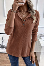 Solid Rib-Knit Half Button Long Sleeve T-Shirt