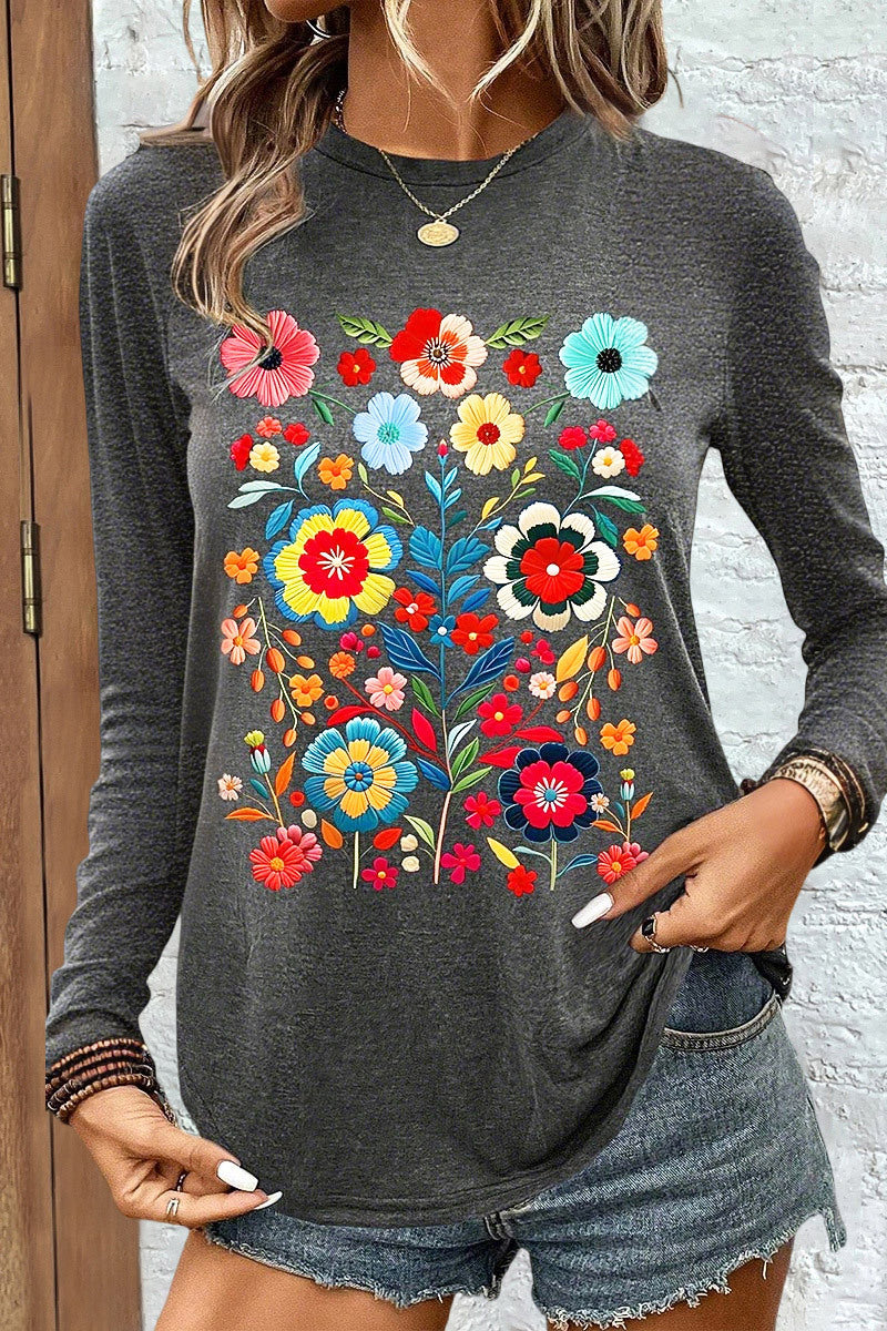 Floral Print Round Neck Long Sleeve T-Shirt