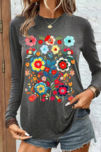 Floral Print Round Neck Long Sleeve T-Shirt