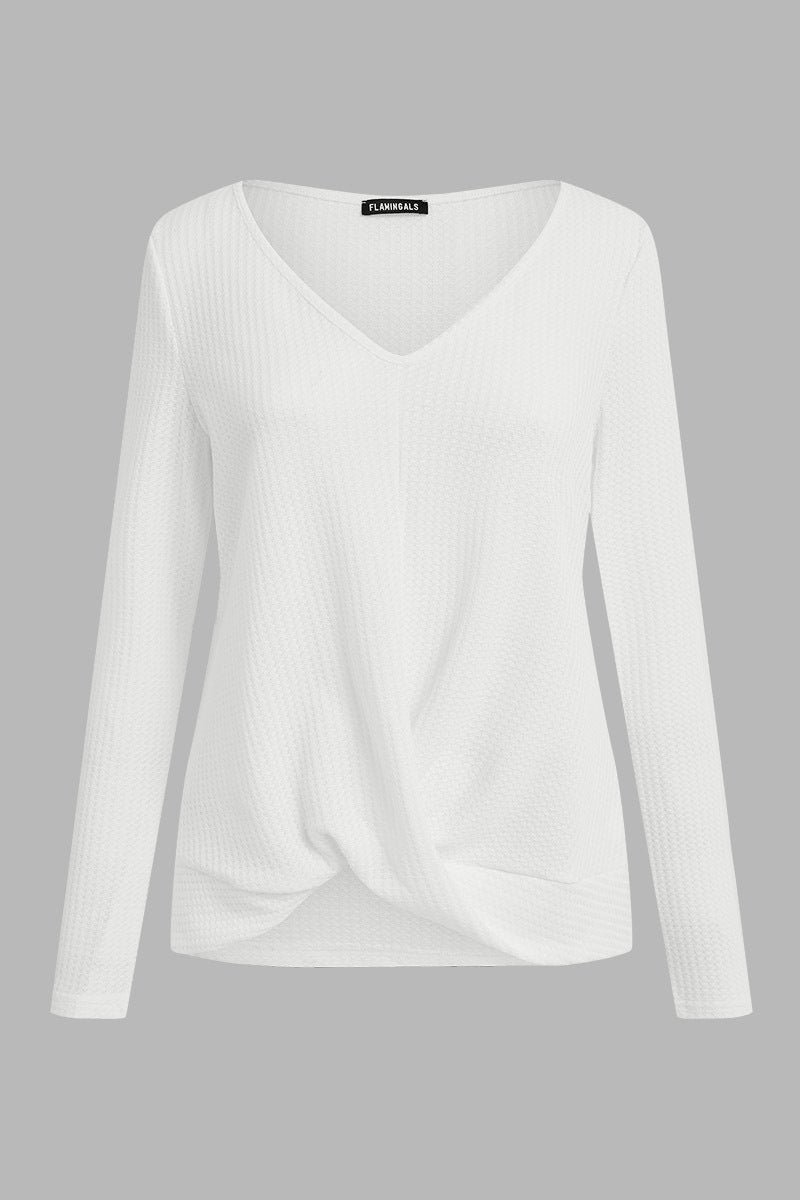 Solid Waffle Knit Wrap V Neck Long Sleeve T-Shirt