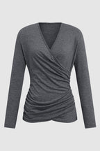 Solid Wrap Ruched V Neck Long Sleeve T-Shirt