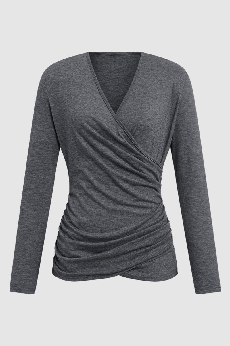 Solid Wrap Ruched V Neck Long Sleeve T-Shirt
