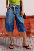 Wash Stitch Detail Drawstring Mid Rise Bermuda Shorts