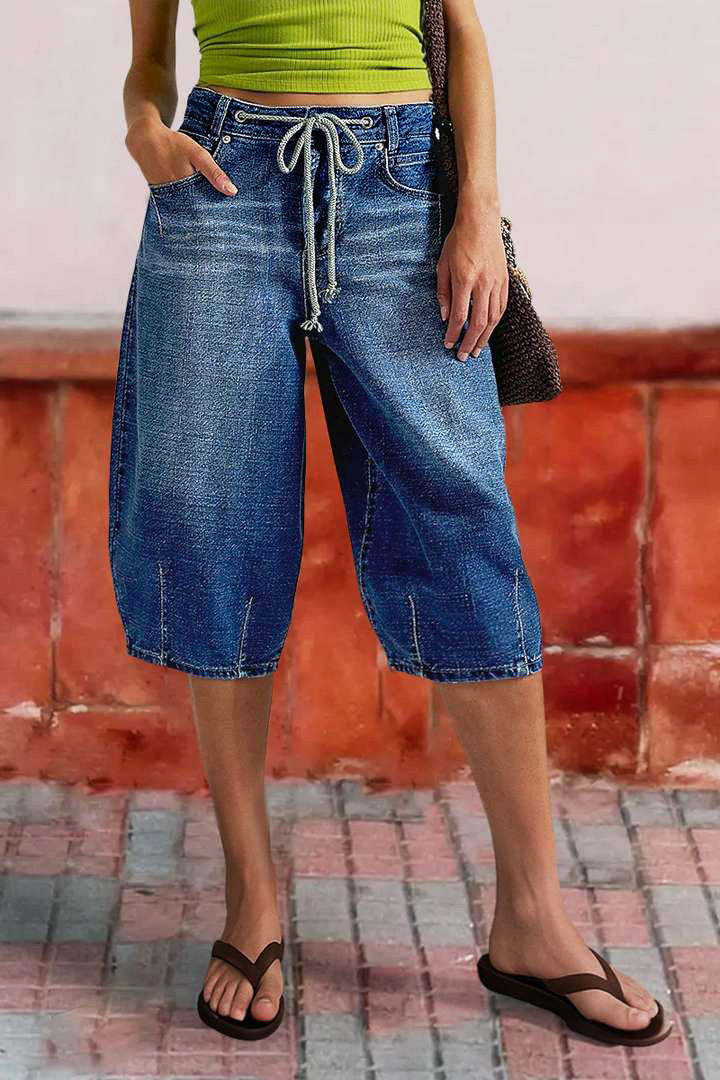 Wash Stitch Detail Drawstring Mid Rise Bermuda Shorts