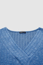 Solid Rib-Knit V Neck Long Sleeve T-Shirt