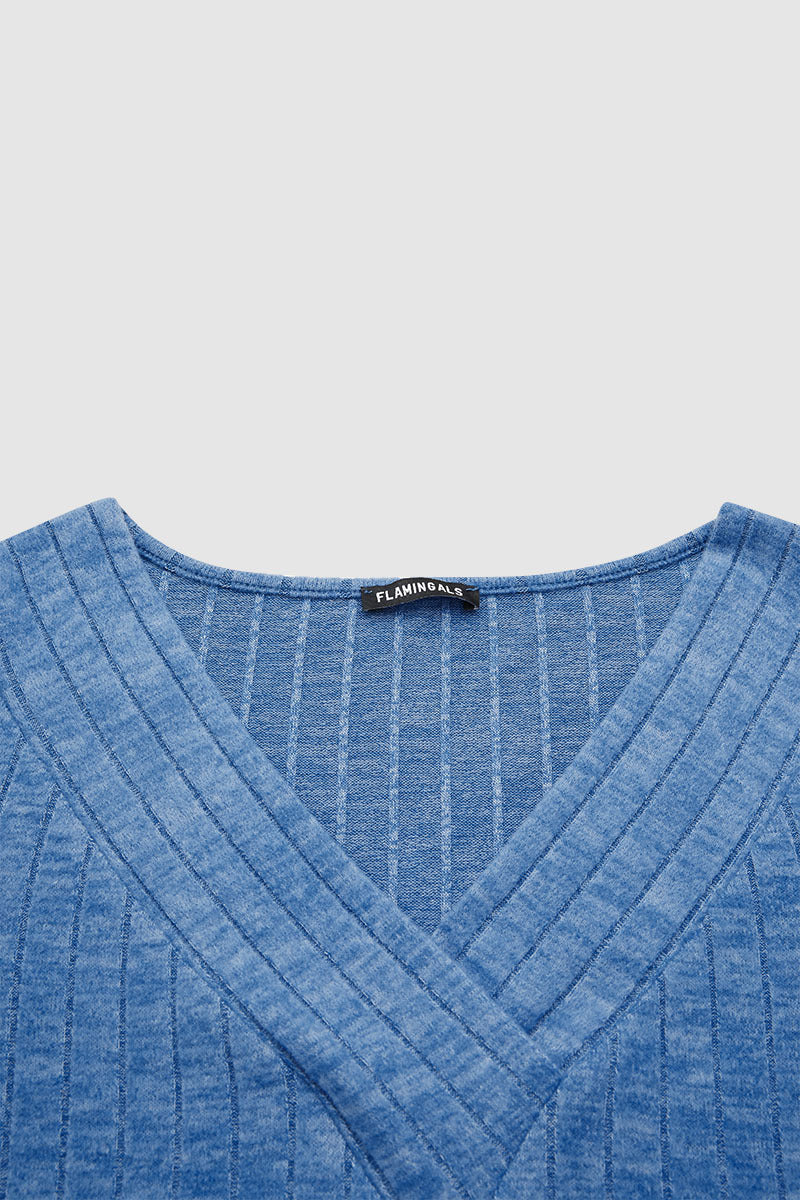 Solid Rib-Knit V Neck Long Sleeve T-Shirt