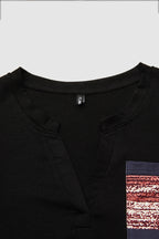 Striped Patch Pocket Notched Neck Long Sleeve T-Shirt