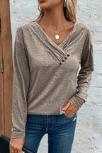Asymmetrical Button Decor V Neck Long Sleeve T-Shirt