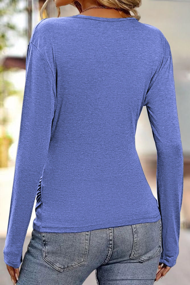 Solid Wrap Ruched V Neck Long Sleeve T-Shirt
