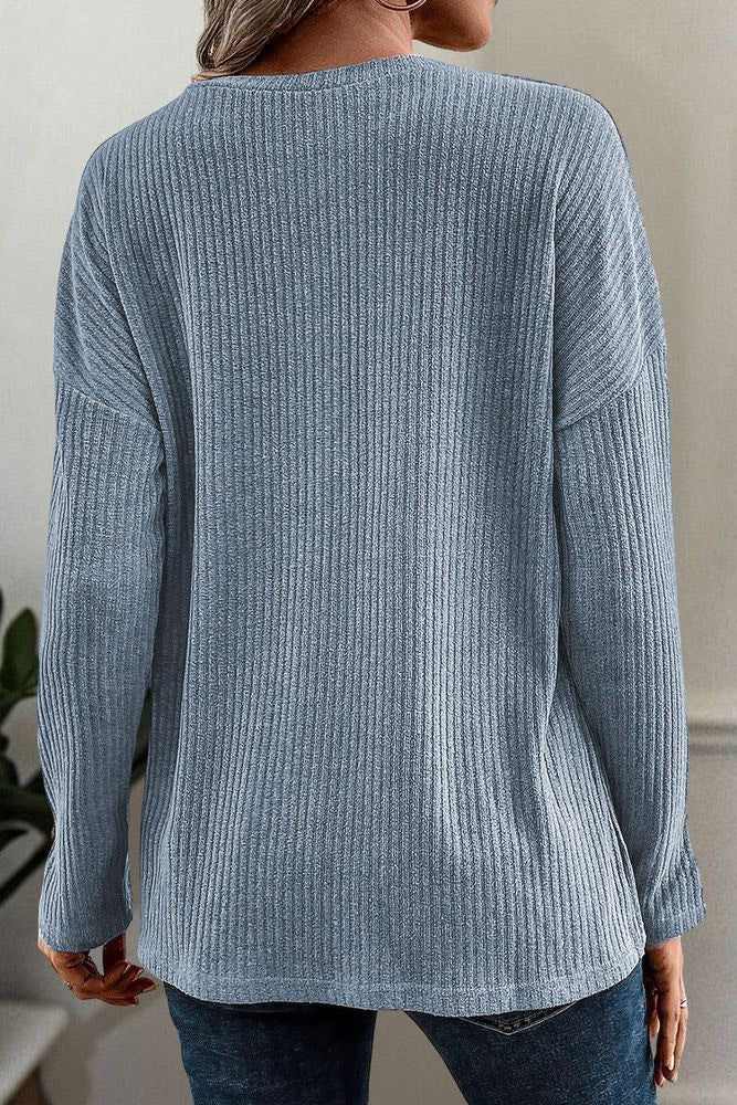 Solid Rib-Knit Half Button Long Sleeve T-Shirt