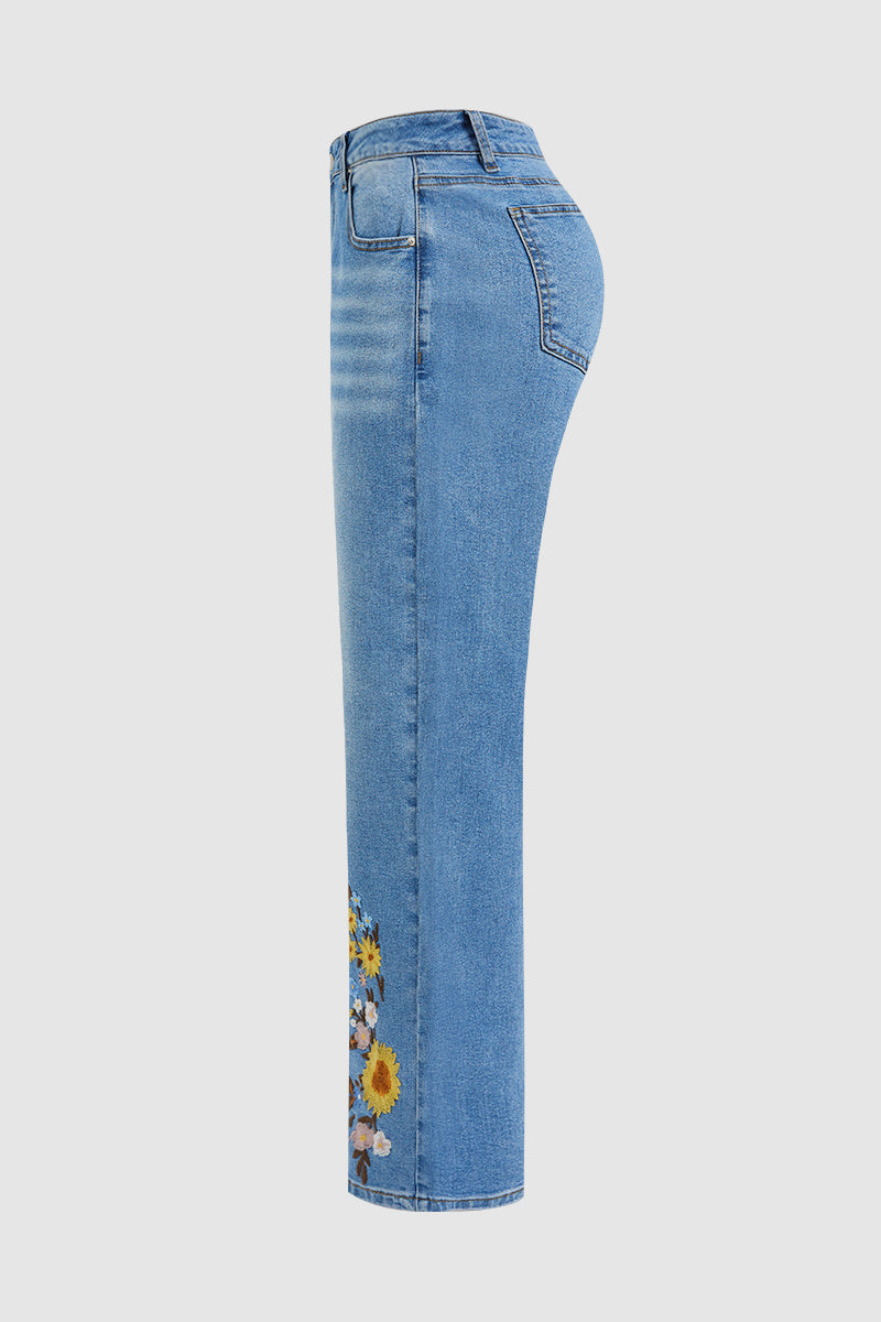 Wash Floral Embroidery Mid Rise Straight Leg Jeans