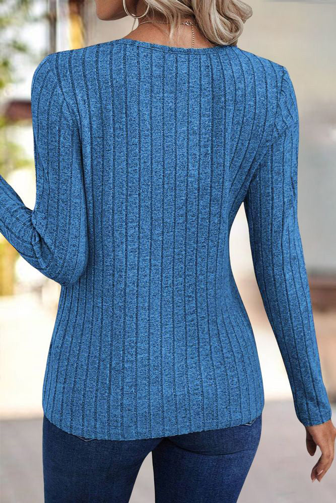Rib Knit Asymmetrical Button Decor V Neck Long Sleeve T-Shirt