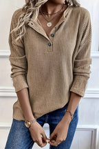 Solid Rib-Knit Half Button Long Sleeve T-Shirt