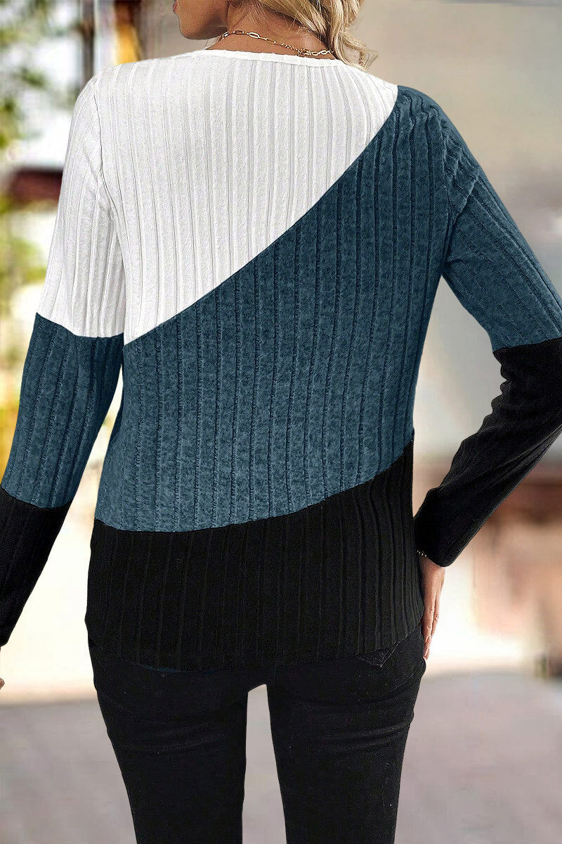 Colorblock Rib Knit Asymmetrical V Neck Long Sleeve T-Shirt